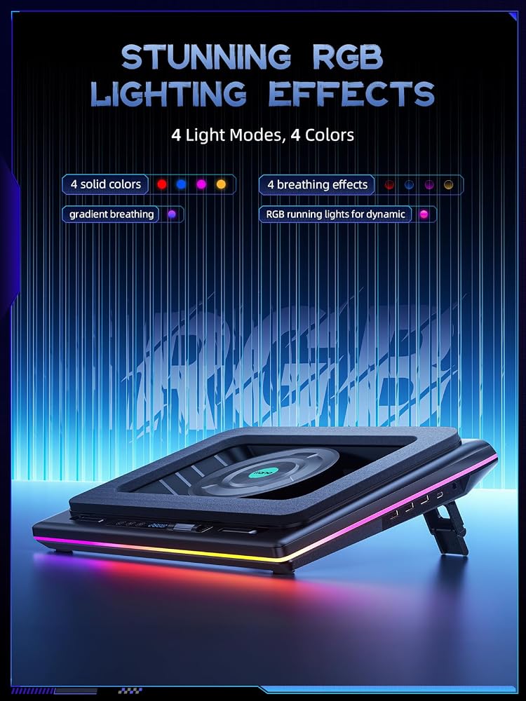 لانو وسادة تبريد لأجهزة اللابتوب من نوع LLano RGB مزودة بمروحة توربو قوية، مبرد لأجهزة اللابتوب المخصصة للألعاب بسرعة قابلة للتعديل، تحكم باللمس، شاشة LCD، رغوة عازلة لتبريد سريع لأجهزة اللابتوب بحجم 15-19 بوصة - Image 5