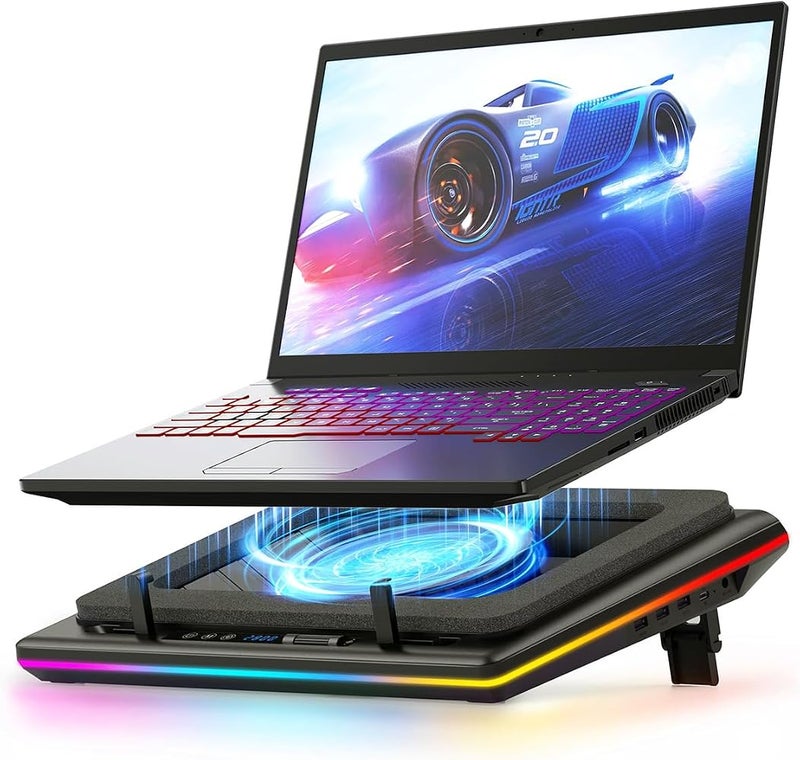 لانو وسادة تبريد لأجهزة اللابتوب من نوع LLano RGB مزودة بمروحة توربو قوية، مبرد لأجهزة اللابتوب المخصصة للألعاب بسرعة قابلة للتعديل، تحكم باللمس، شاشة LCD، رغوة عازلة لتبريد سريع لأجهزة اللابتوب بحجم 15-19 بوصة - Image 1