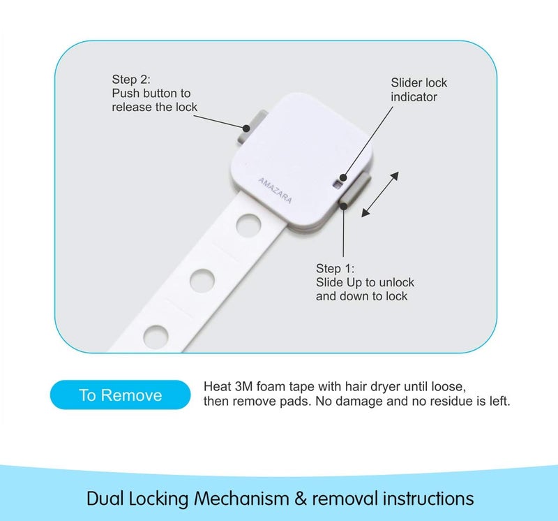 AMAZARA Child Safety Locks – Adjustable Baby Proofing Locks for Cabinets, Drawers, Fridge, Toilets | Strong 3M Adhesive | Easy No-Drill Install | Pack of 4 – White - Image 5