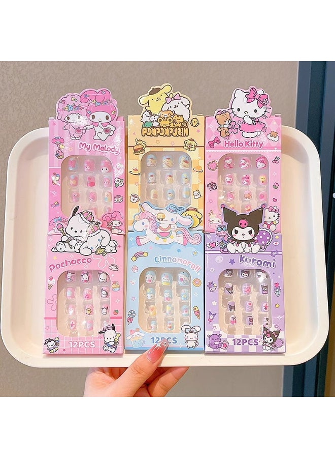 6-PCS Cute False Nails Multicolour,Kids Press on Nails Children, 72 Pieces Fake Artificial Tips Girls Full Cover Short False Fingernails for Decoration - Image 1