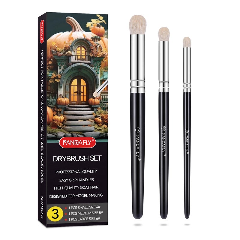 PANDAFLY Drybrush Set - 3 Sizes Hobby Detail Paint Brush Set, Acrylic Paint Brushes for Tabletop, Citadel, Scale Model, Watercolor Oil Painting - Image 1