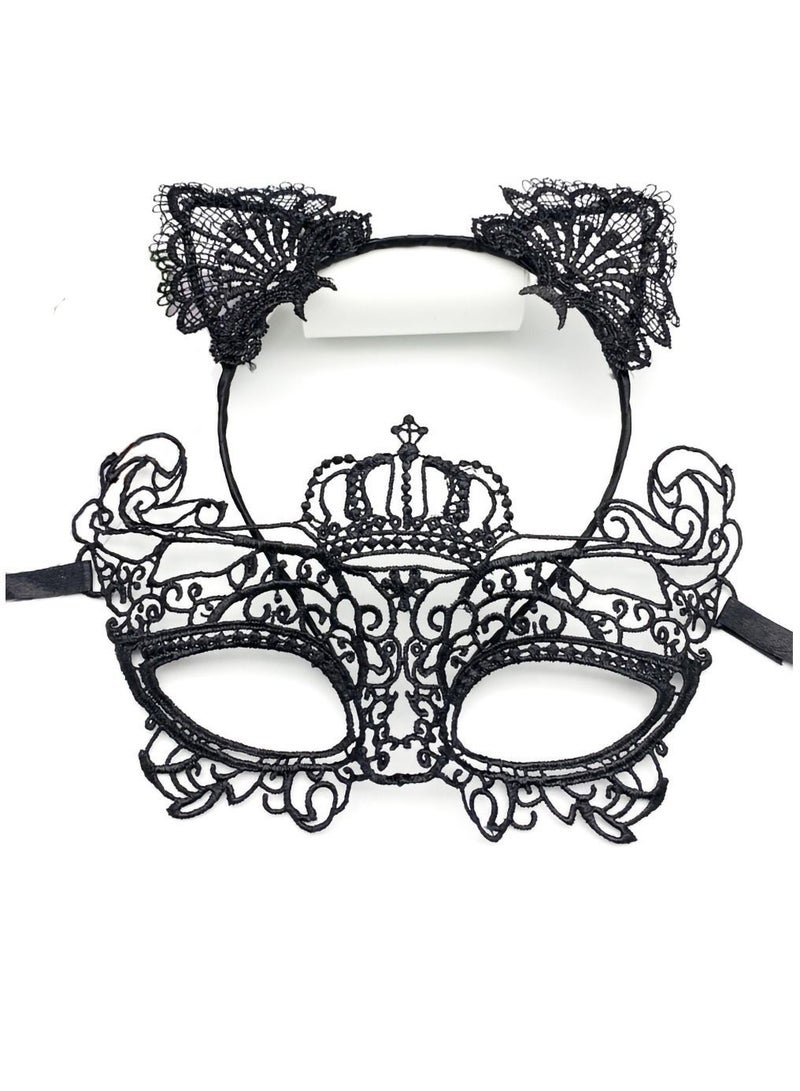 Women's Masquerade Mask and Headband Set Black Lace Cat Ears Headband Set Venetian Masquerade Mask Party Costume Accessories Filigree Mask Headband Set of 2  - Image 1