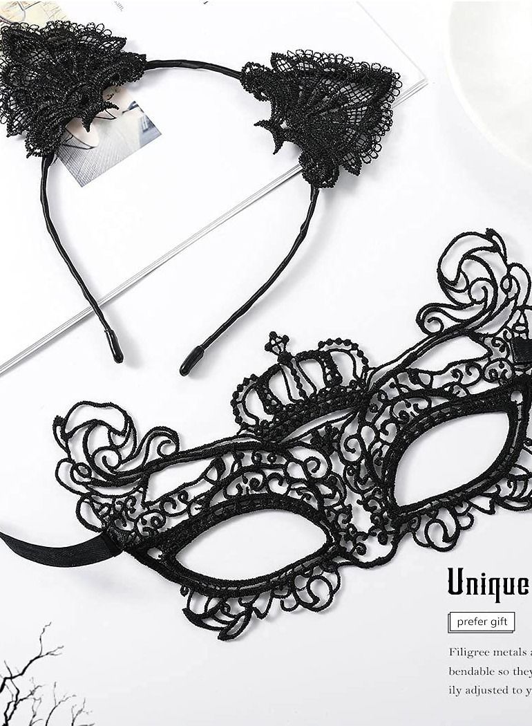 Women's Masquerade Mask and Headband Set Black Lace Cat Ears Headband Set Venetian Masquerade Mask Party Costume Accessories Filigree Mask Headband Set of 2  - Image 2