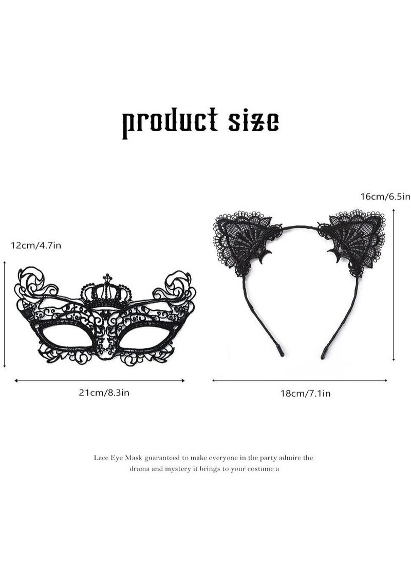 Women's Masquerade Mask and Headband Set Black Lace Cat Ears Headband Set Venetian Masquerade Mask Party Costume Accessories Filigree Mask Headband Set of 2  - Image 3