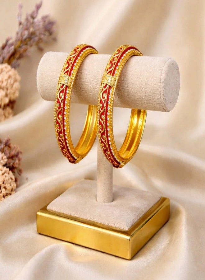 ACCESSHER Gold Plated Red Enamel Bangle Style Brass Kada For Women | Traditional Rajwadi Bangles with White Stones | Stylish Bangles Set for Girls and Women (2.6) - Image 4