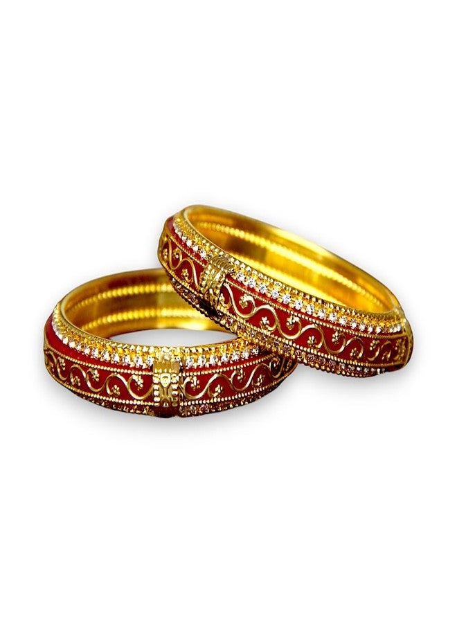 ACCESSHER Gold Plated Red Enamel Bangle Style Brass Kada For Women | Traditional Rajwadi Bangles with White Stones | Stylish Bangles Set for Girls and Women (2.6) - Image 1