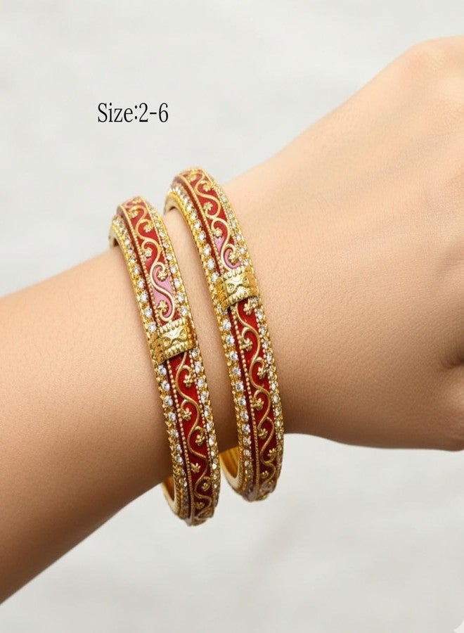 ACCESSHER Gold Plated Red Enamel Bangle Style Brass Kada For Women | Traditional Rajwadi Bangles with White Stones | Stylish Bangles Set for Girls and Women (2.6) - Image 5