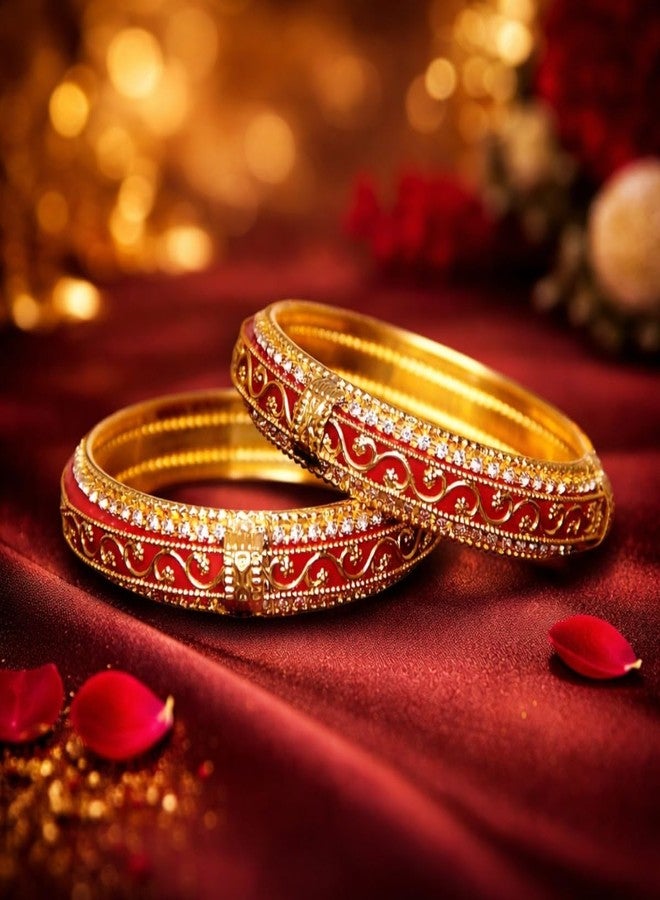 ACCESSHER Gold Plated Red Enamel Bangle Style Brass Kada For Women | Traditional Rajwadi Bangles with White Stones | Stylish Bangles Set for Girls and Women (2.6) - Image 3