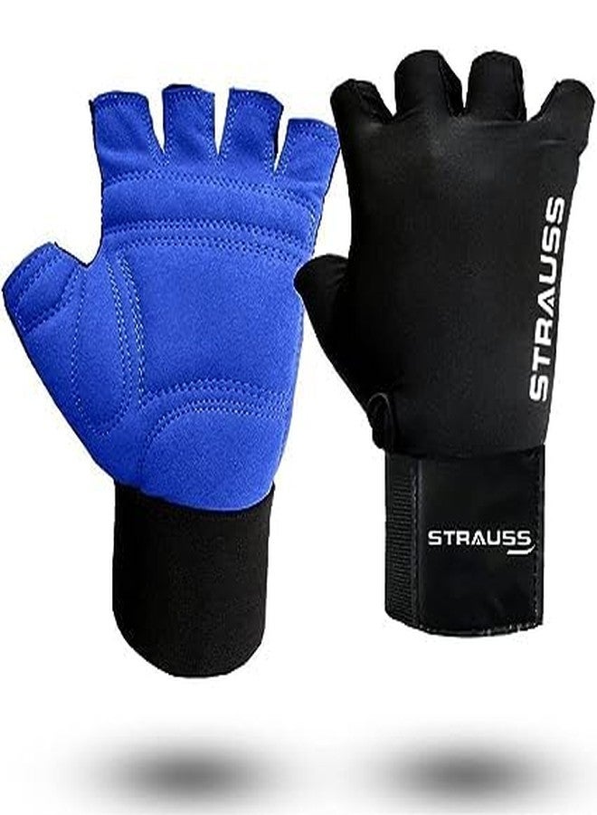 STRAUSS Suede Gym Gloves for Weightlifting, Cycling, Exercise & Gym | Full Palm Protection & Extra Durability with Suede Cushion Pads | Fingerless Gloves for Men and Women | Size: Large, (Blue/Black) - Image 1