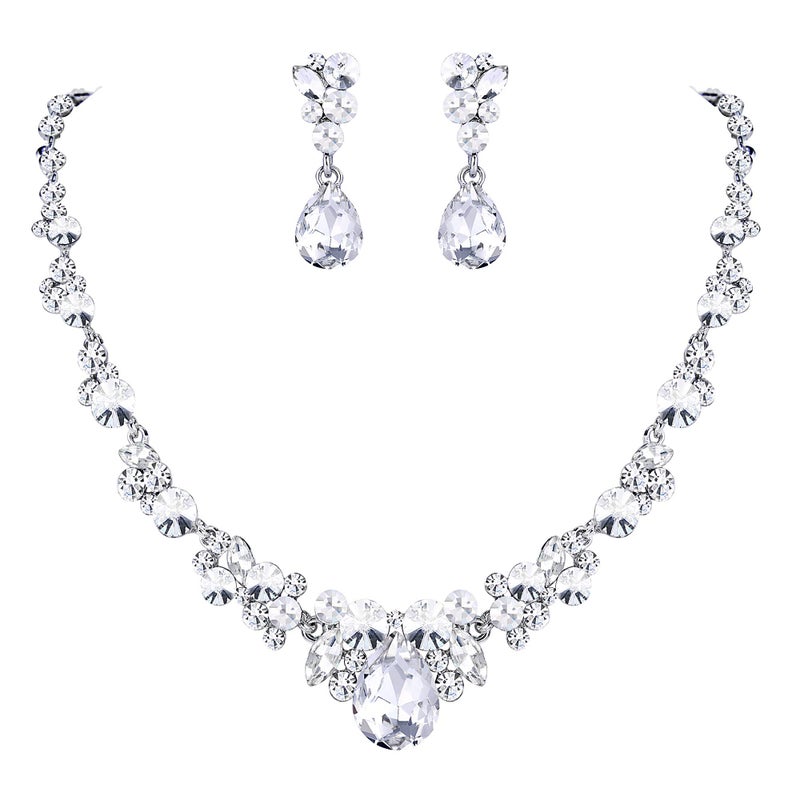 EVER FAITH Rhinestone Crystal Bridal Floral Teardrop Necklace Earrings Set Clear Silver-Tone - Image 1