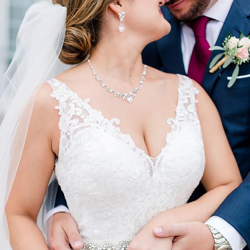 EVER FAITH Rhinestone Crystal Bridal Floral Teardrop Necklace Earrings Set Clear Silver-Tone - Image 4