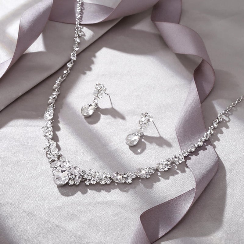 EVER FAITH Rhinestone Crystal Bridal Floral Teardrop Necklace Earrings Set Clear Silver-Tone - Image 5