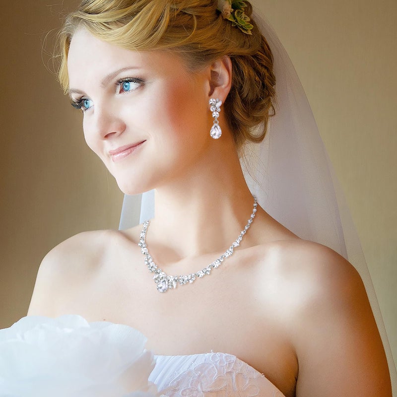 EVER FAITH Rhinestone Crystal Bridal Floral Teardrop Necklace Earrings Set Clear Silver-Tone - Image 3