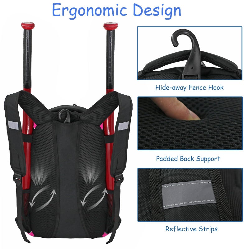 WOLT | Youth Baseball Backpack Bag for Baseball, Softball & T-Ball Equipment & Gear, Youth Boys and Adults, with Holder for Bat, Helmet, Glove, & Shoes Compartment & Fence Hook - Image 5