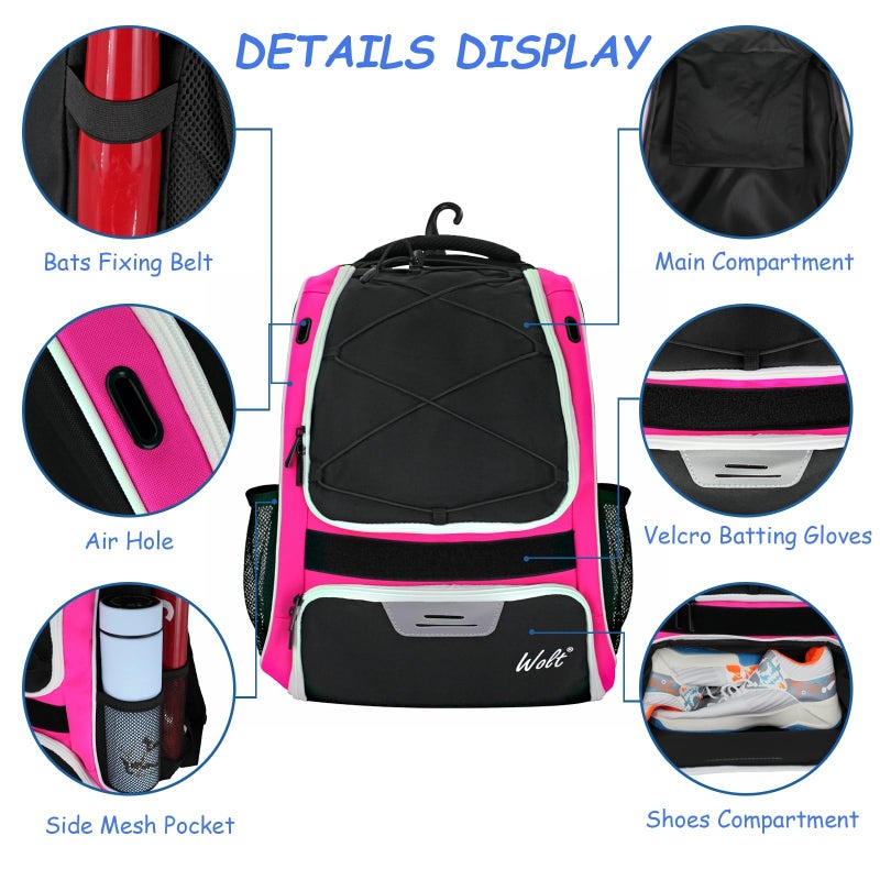 WOLT | Youth Baseball Backpack Bag for Baseball, Softball & T-Ball Equipment & Gear, Youth Boys and Adults, with Holder for Bat, Helmet, Glove, & Shoes Compartment & Fence Hook - Image 4