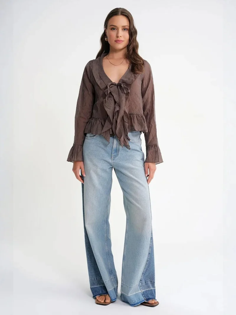 MixRay Mixray V-Neck Ruffle Blouse with Drawstring