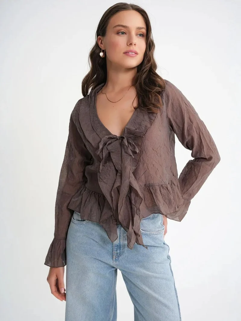 MixRay Mixray V-Neck Ruffle Blouse with Drawstring