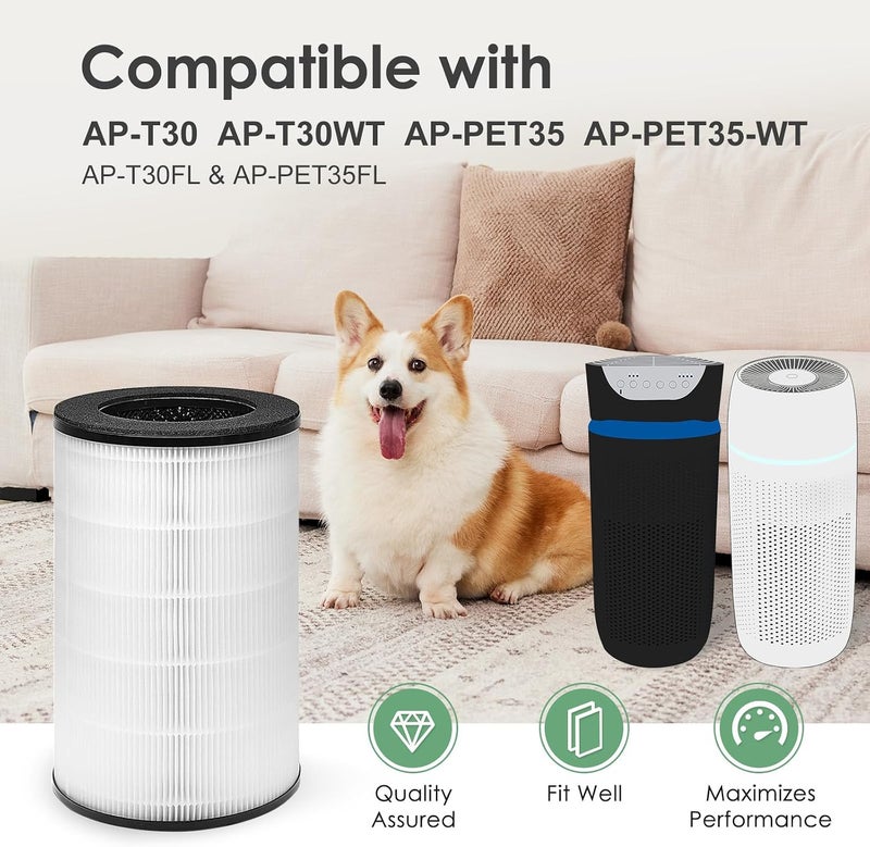 HSIAMEN فلتر AP-PET35FL AP-T30 متوافق مع فلتر بديل لجهاز تنقية الهواء HoMedics AP-T30 AP-T30WT AP-PET35-WT AP-PET35، رقم القطعة AP-T30FL AP-PET35FL مرشح HEPA حقيقي، عبوة مزدوجة - Image 2