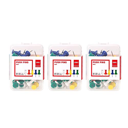 Deli W0021 Color Push Pin, Office Pin, Paper Pins, Office Stationery, Multicolor (23mm, 35pcs Per Pack) (Pack of 3) - Image 1