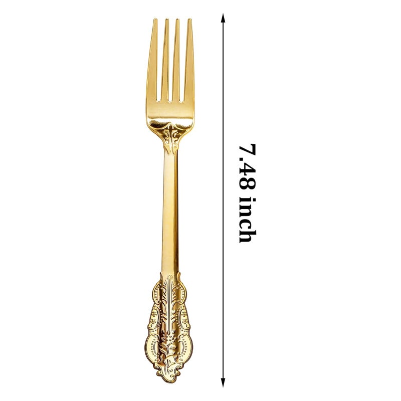 WDF 100 Piece Gold Forks Disposable - 7.48 Inch Gold Plastic Forks - Baroque Plastic Silverware for Dessert Cake - Heavy Duty Plastic Forks for Party  Wedding or Daily Using - Image 2