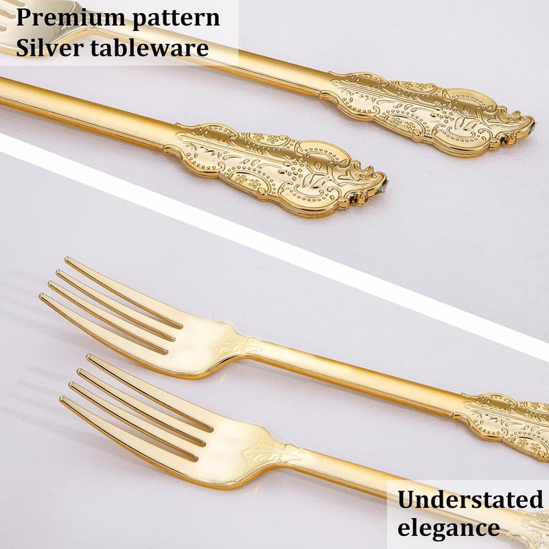 WDF 100 Piece Gold Forks Disposable - 7.48 Inch Gold Plastic Forks - Baroque Plastic Silverware for Dessert Cake - Heavy Duty Plastic Forks for Party  Wedding or Daily Using - Image 3