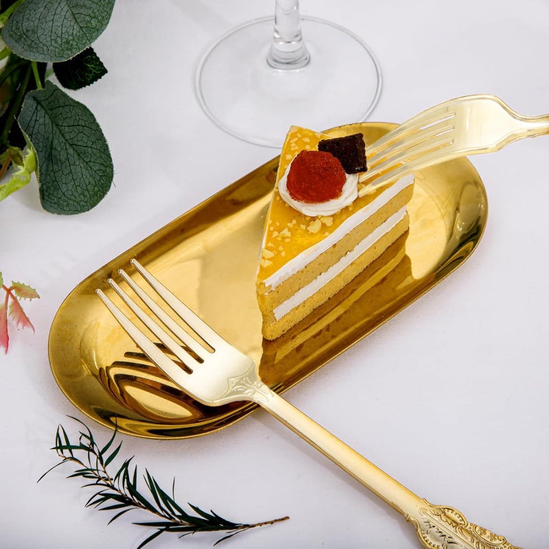 WDF 100 Piece Gold Forks Disposable - 7.48 Inch Gold Plastic Forks - Baroque Plastic Silverware for Dessert Cake - Heavy Duty Plastic Forks for Party  Wedding or Daily Using - Image 4
