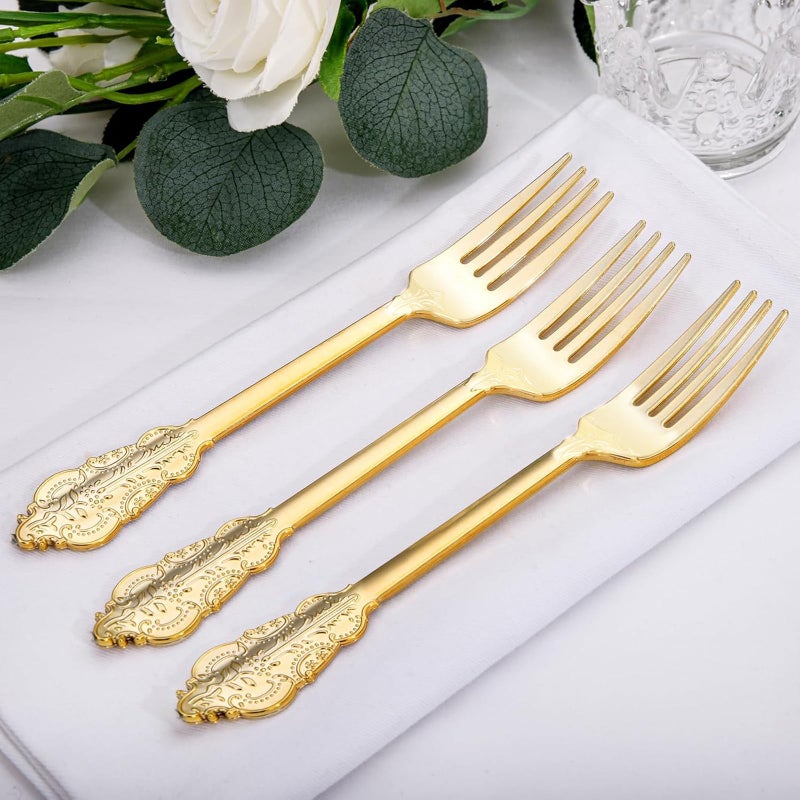 WDF 100 Piece Gold Forks Disposable - 7.48 Inch Gold Plastic Forks - Baroque Plastic Silverware for Dessert Cake - Heavy Duty Plastic Forks for Party  Wedding or Daily Using - Image 1