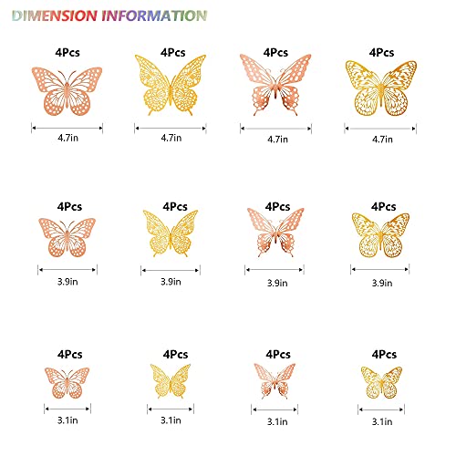 SAOROPEB 3D Butterfly Wall Decor, 48 Pcs 4 Styles 2 Color 3 Sizes, Removable Metallic Wall Sticker Room Mural Decals for Kids Bedroom Nursery Classroom Party Decoration (2 Color) - Image 5