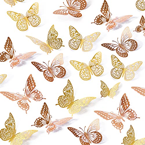 SAOROPEB 3D Butterfly Wall Decor, 48 Pcs 4 Styles 2 Color 3 Sizes, Removable Metallic Wall Sticker Room Mural Decals for Kids Bedroom Nursery Classroom Party Decoration (2 Color) - Image 1
