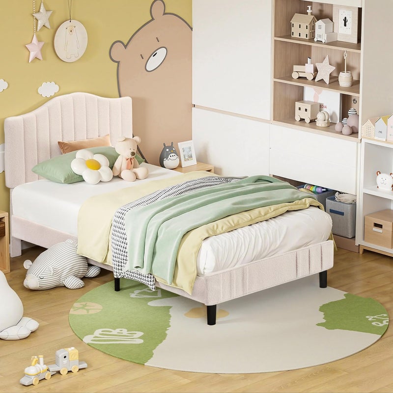 VECELO Twin Bed Frame Upholstered Platform Bed Frame with Height Adjustable Teddy Fabric Headboard Strong Wood Slats Supports 79 Under Bed Space Noise Free No Box Spring Needed Beige