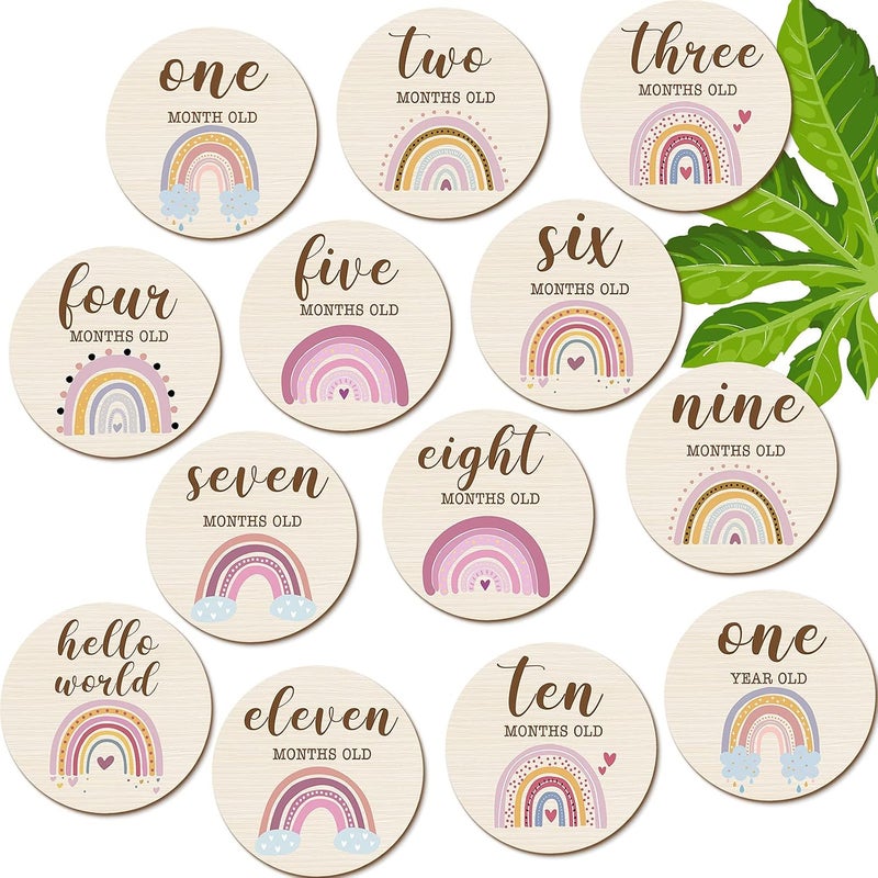 Al Raied ARS® 13 Pieces Wooden Baby Milestone Cards Boho Rainbow Double Sided Printed Discs - Image 1