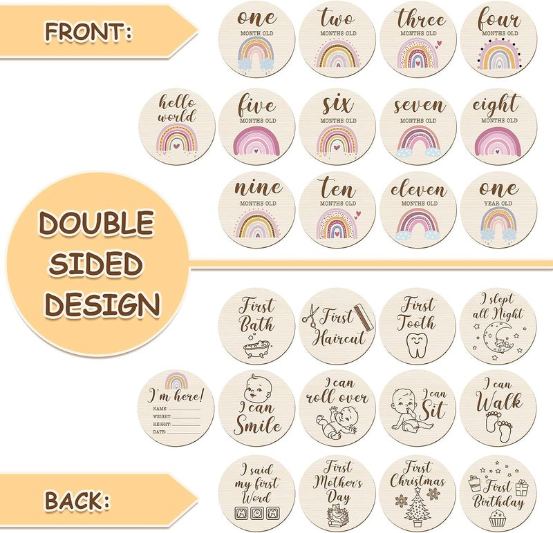 Al Raied ARS® 13 Pieces Wooden Baby Milestone Cards Boho Rainbow Double Sided Printed Discs - Image 3