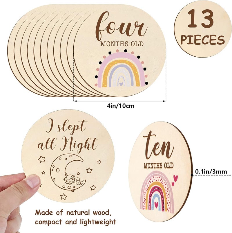 Al Raied ARS® 13 Pieces Wooden Baby Milestone Cards Boho Rainbow Double Sided Printed Discs - Image 2