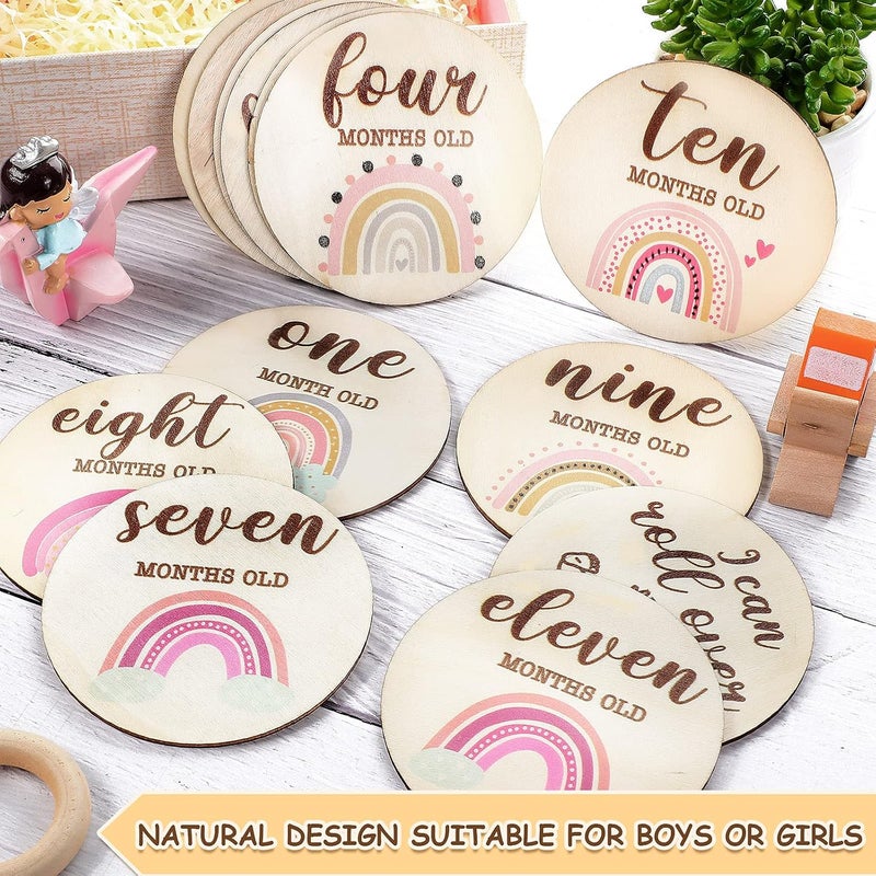 Al Raied ARS® 13 Pieces Wooden Baby Milestone Cards Boho Rainbow Double Sided Printed Discs - Image 4