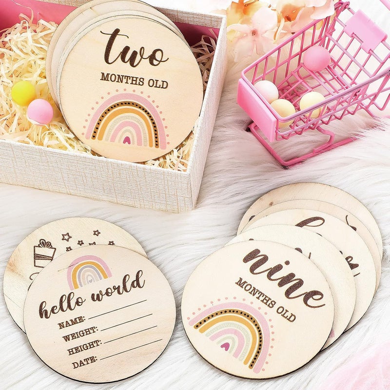 Al Raied ARS® 13 Pieces Wooden Baby Milestone Cards Boho Rainbow Double Sided Printed Discs - Image 5
