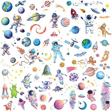 Amaxiu 12 Sheets Glitter Space Temporary Tattoo for Kids Astronauts Planet Fake Tattoos Stickers Bling Cute Rocketship Tattoo Water Transfer Tattoo Face Arm Body Sticker for Children Boys Party Favor - Image 1