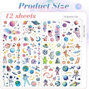 Amaxiu 12 Sheets Glitter Space Temporary Tattoo for Kids Astronauts Planet Fake Tattoos Stickers Bling Cute Rocketship Tattoo Water Transfer Tattoo Face Arm Body Sticker for Children Boys Party Favor - Image 2
