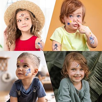 Amaxiu 12 Sheets Glitter Space Temporary Tattoo for Kids Astronauts Planet Fake Tattoos Stickers Bling Cute Rocketship Tattoo Water Transfer Tattoo Face Arm Body Sticker for Children Boys Party Favor - Image 4