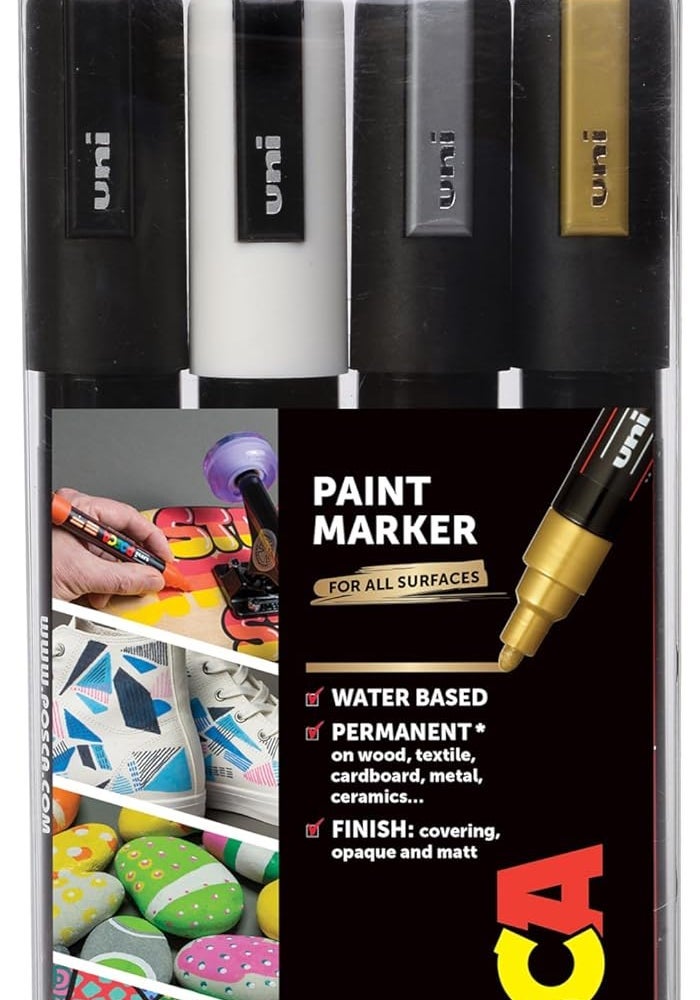 Posca 4 Paint Markers, 5M Medium Set of Mono-Colors with Reversible Tips - Image 1