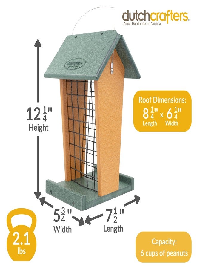 معلف طيور معلق من البلاستيك من DutchCrafters، مصنوع من الفول السوداني الكامل، مناسب للطيور الكبيرة، نقار الخشب، الغربان، والزرقاء، للاستخدام الخارجي، في الحديقة، والفناء - صنع في الولايات المتحدة الأمريكية على الطريقة الأميشية (لون أخضر عشبي وخشب الأرز) - Image 2