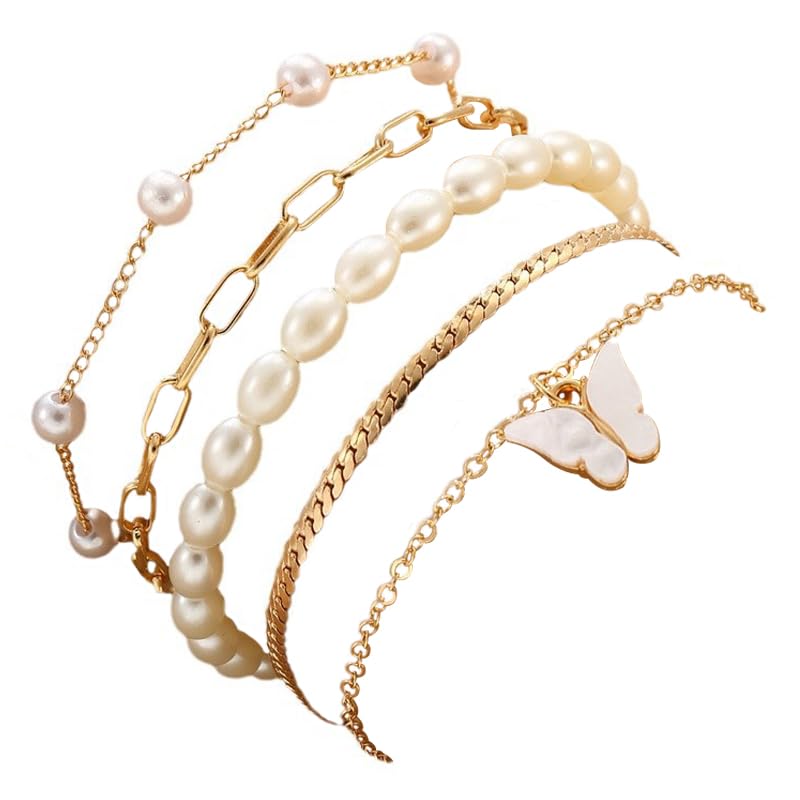 Lonimia Butterfly Women Bracelet with Pearl Beads, Luxury Handmade Chain Fashion Gold Plated Hand Jewelry 5-Piece Set - Image 2