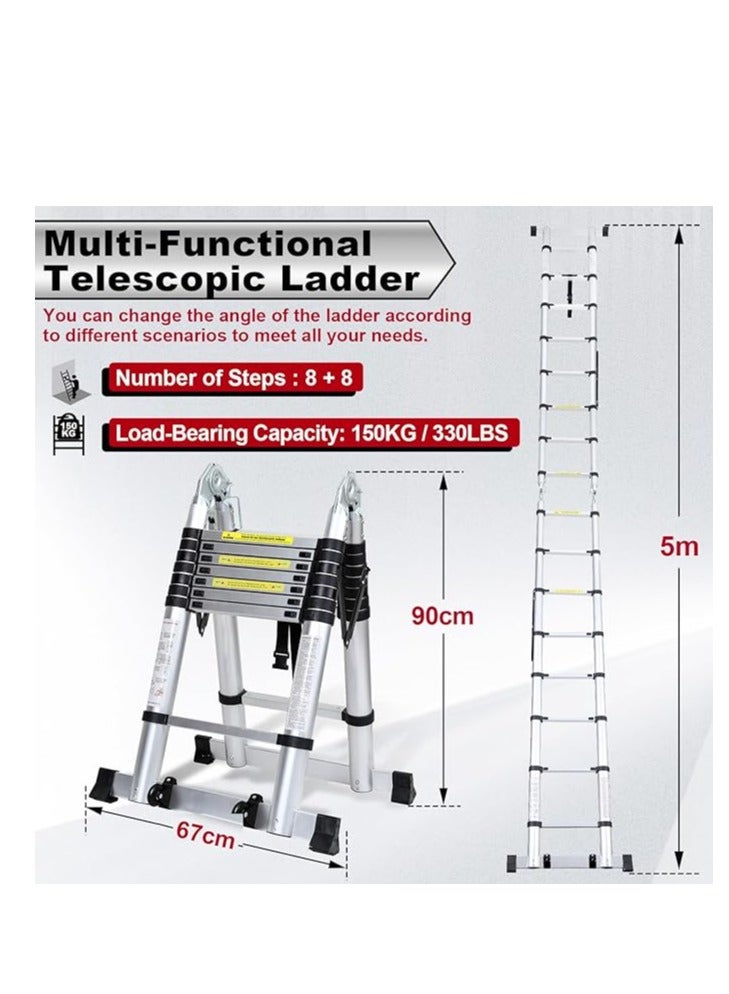 Aluminium Folding Telescopic Ladder, 5 m Extendable Ladder, Non Slip Aluminum Ladder, Stair Ladder, Multifunction Ladder, Extendable Telescopic Ladder with 150kg Load Capacity - Image 2