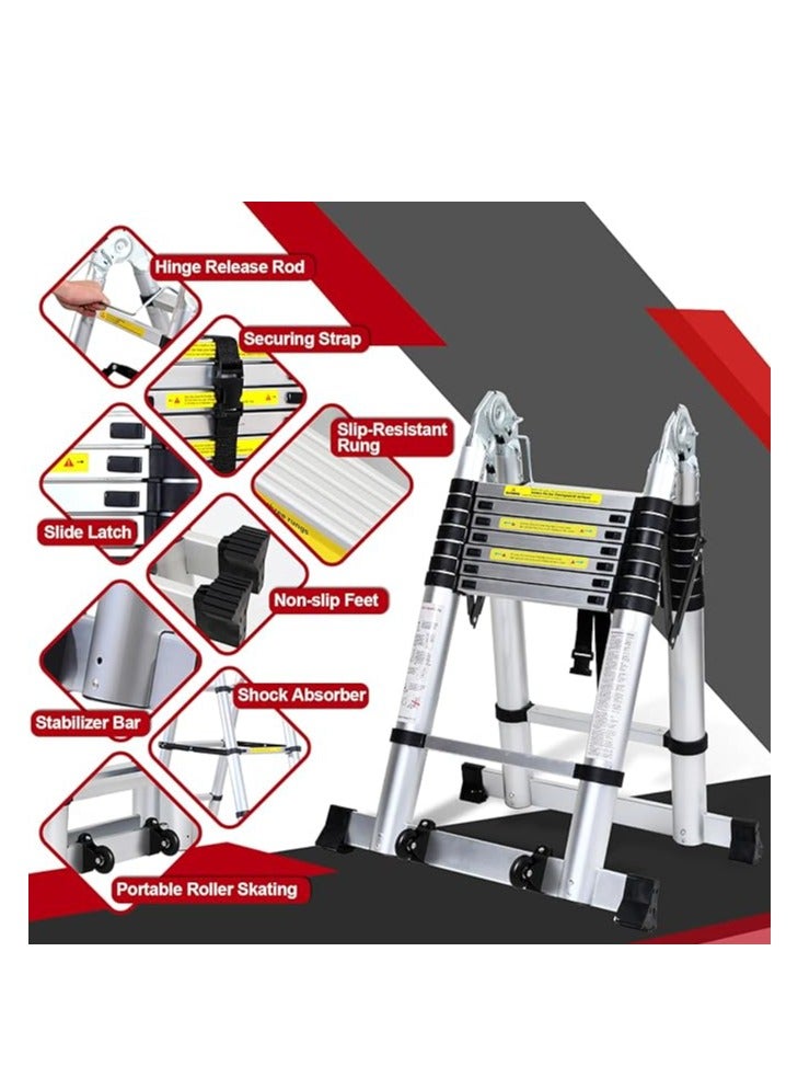 Aluminium Folding Telescopic Ladder, 5 m Extendable Ladder, Non Slip Aluminum Ladder, Stair Ladder, Multifunction Ladder, Extendable Telescopic Ladder with 150kg Load Capacity - Image 5
