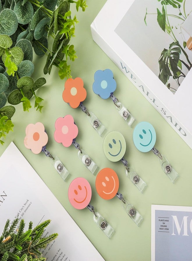 Whaline 8Pcs Boho Flower Smile Face Badge Reel with Clips Retractable Cord Colorful ID Badge Reel Name Tag Badge Holder for Office Hospital Teachers Favor - Image 5
