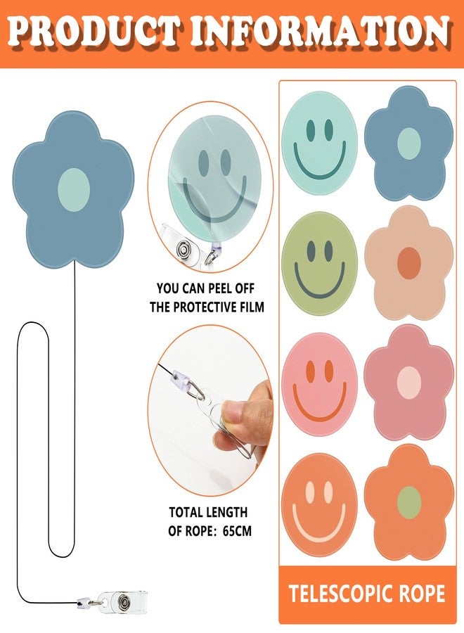 Whaline 8Pcs Boho Flower Smile Face Badge Reel with Clips Retractable Cord Colorful ID Badge Reel Name Tag Badge Holder for Office Hospital Teachers Favor - Image 3