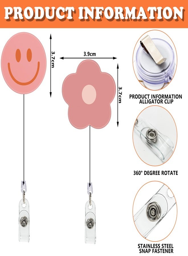 Whaline 8Pcs Boho Flower Smile Face Badge Reel with Clips Retractable Cord Colorful ID Badge Reel Name Tag Badge Holder for Office Hospital Teachers Favor - Image 2