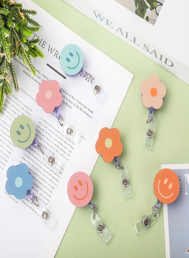 Whaline 8Pcs Boho Flower Smile Face Badge Reel with Clips Retractable Cord Colorful ID Badge Reel Name Tag Badge Holder for Office Hospital Teachers Favor - Image 4