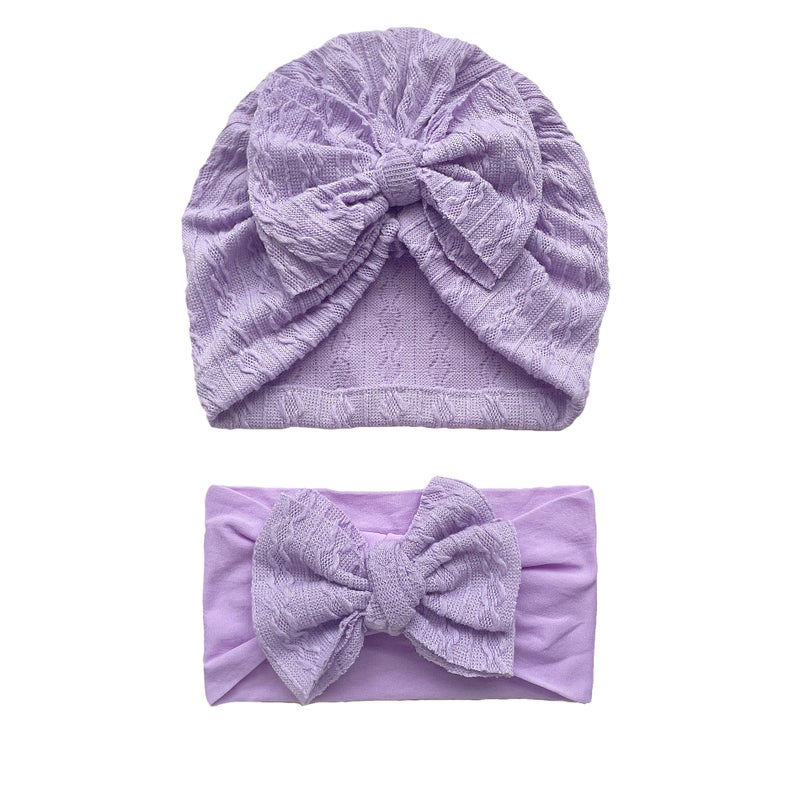 Generic European and American Summer New Baby Jacquard Hat Headband Set Bow Headband Combination Girls Cute Hat Purple
