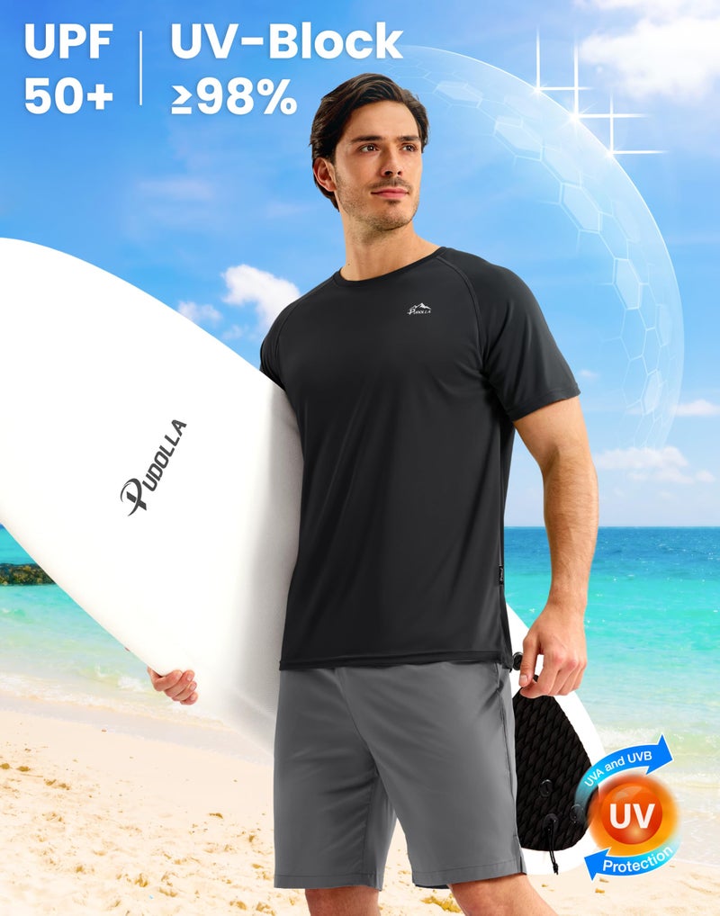 Pudolla Men's Rashguard Swim Shirts Short Sleeve UPF 50+ Sun Protection SPF Quick Dry Water Shirt(Black L) - Image 4