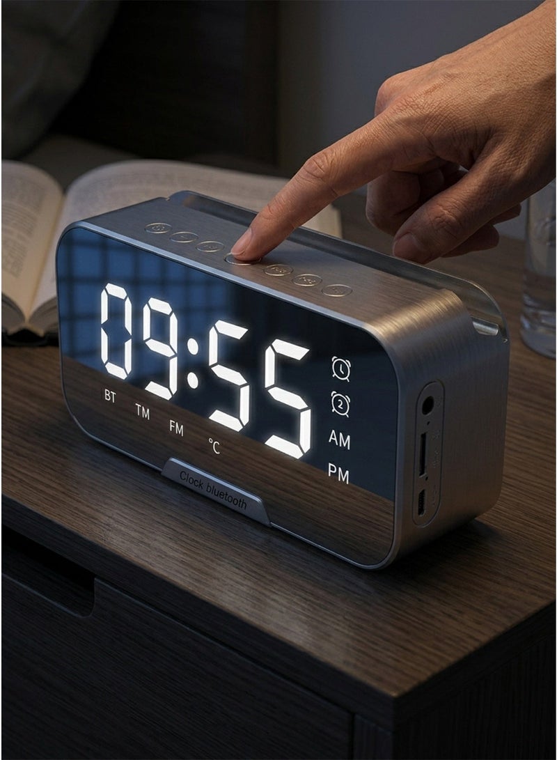 Multifunctional Digital Alarm Clock with Bluetooth Speaker, FM Radio & Phone Holder – Dual Alarm, Temperature Display, Clear Stereo Sound with Strong Bass, Supports Bluetooth/TF Card/USB/AUX Input, Compact Elegant Design for Bedroom, Office & Travel - Image 3